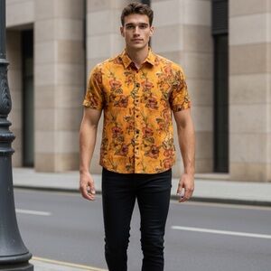 NWT Psycho Tuna Men's Orange Tropical Flowers Button Down Shirt Size M